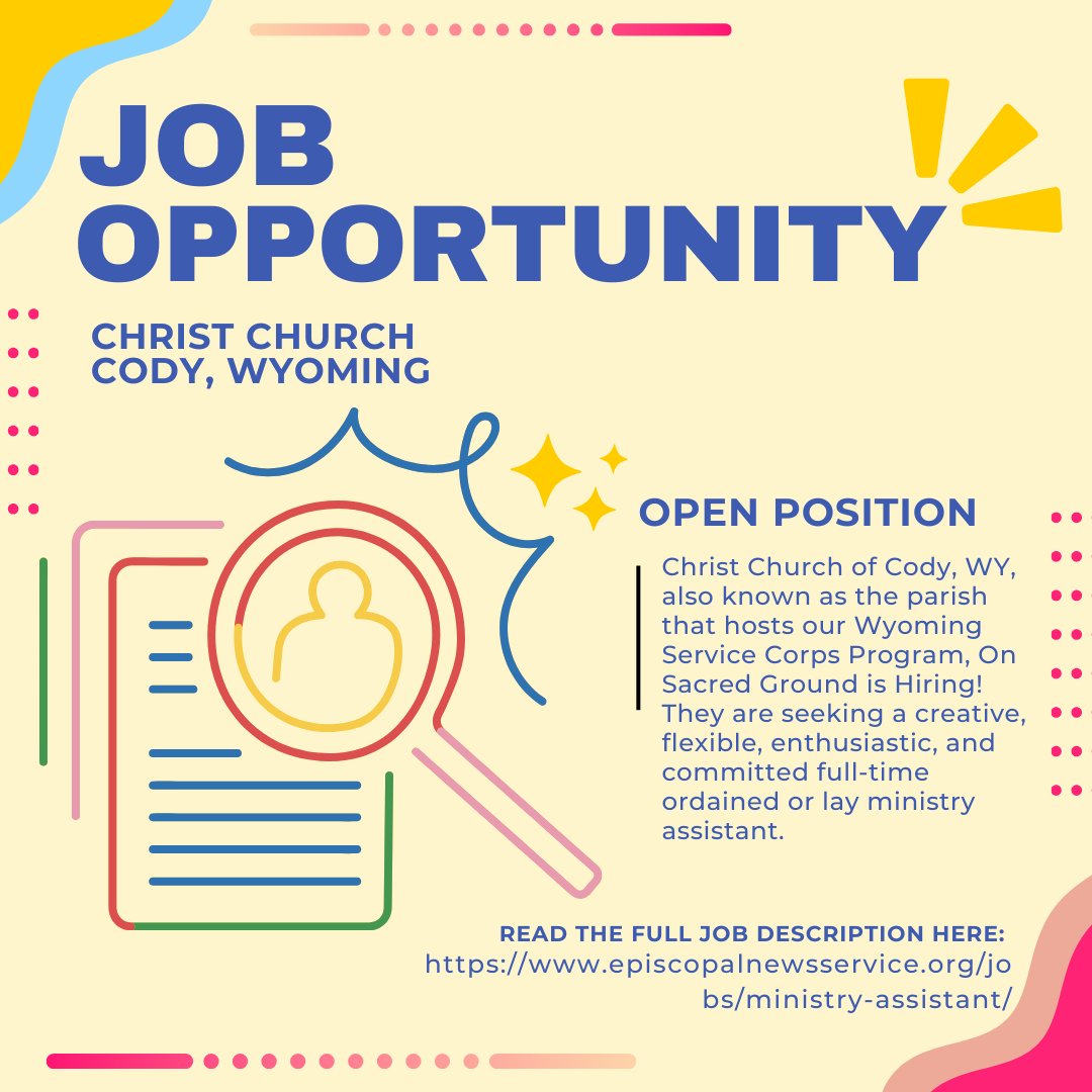 EpisServiceCorp's tweet photo. JOB OPPORTUNITY! Christ Church in Cody, Wyoming is looking for a full-time Ministry Assistant. Learn more about the position here: https://t.co/NMSBnaeBgN

#episcopal #ministryassistant #jobopportunity #hiring #wyoming #cody https://t.co/iVcqXhCn9T