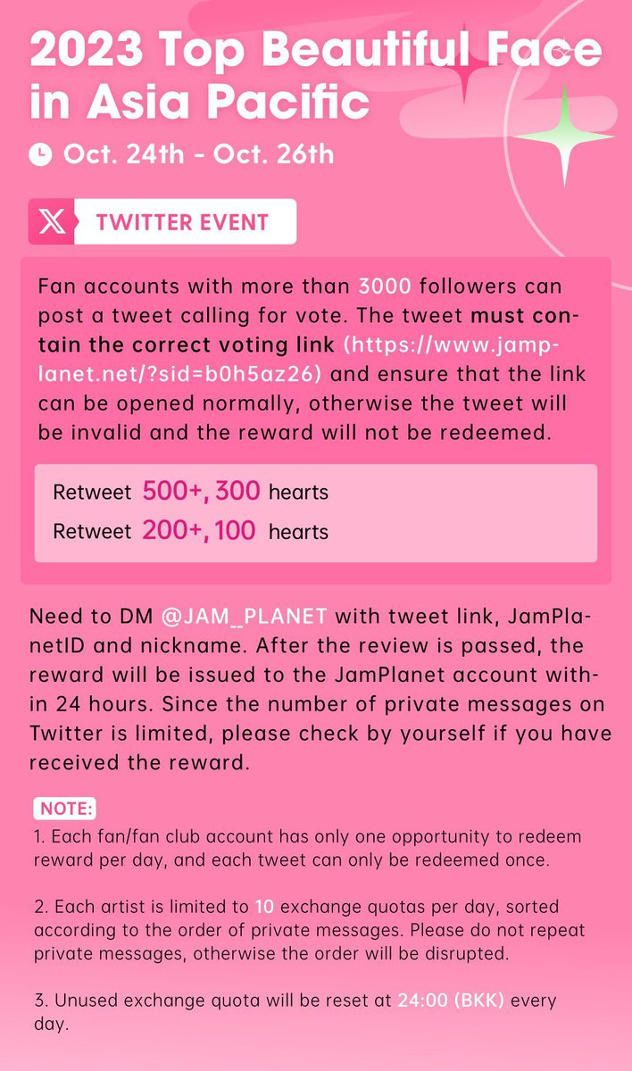 Sampiyo_freen's tweet image. 📣TWITTER EVENT: JAM PLANET 
Oct 26 [Day 3]

Everyone please vote for Freen on the website and RT this post to win additional votes for Freen!

🔗 jamplanet.net/?sid=b0h5az26

🌷GOAL + 500 RT = 300 hearts 🤍 

#srchafreen #GIRLFREEN