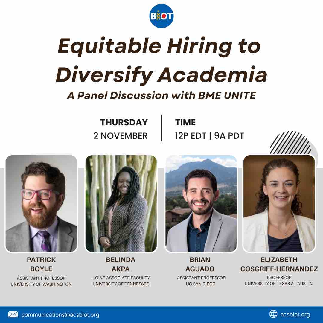 ACS_BIOT's tweet photo. Join us NEXT Thurs, Nov 2 for ACS BIOT Diversity Series from 12-1p ET | 9-10a PT!  Our panel will share key take aways from their roadmap for developing &amp; implementing academic hiring processes that increase diversity in faculty hires. Register for FREE: https://t.co/uhTR2ipWt9 https://t.co/28cwvUSCCy
