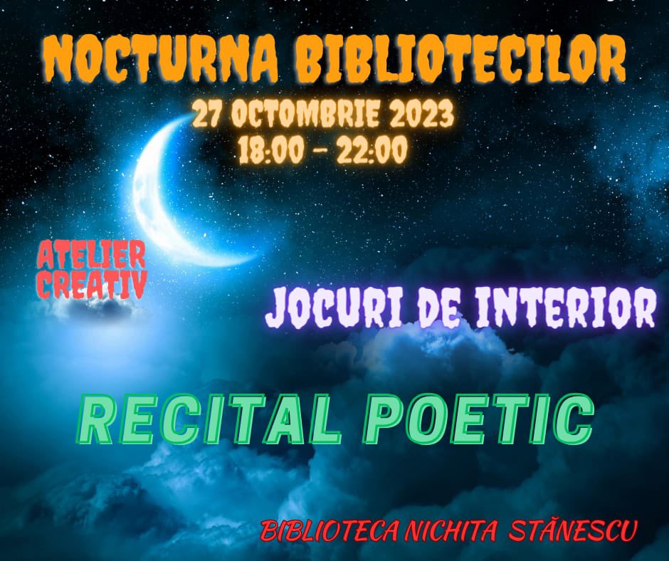 📣 Vineri, 27 octombrie, vă invit la Filiala Nichita Stănescu - Biblioteca Metropolitană Bucureşti la evenimentul Nocturna Bibliotecilor, unde particip și eu ca autor de poezie și proză. 

📖 Și câteva amintiri de anul trecut de la același eveniment. 😃

✅Save the date! Join us!