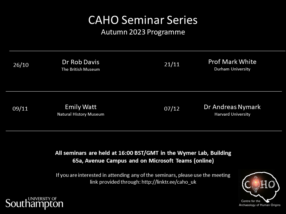 CAHO_uk's tweet photo. We are excited to share with you our list of speakers for this year's Autumn Term. 🎉   Join our #Archaeology talks on Teams via the link below! They are freely open to everyone. 😊
#HumanOrigins #Palaeolithic #Mesolithic #CAHO #UoS

https://t.co/pAoAeCt88j https://t.co/u8FcSiPtwm