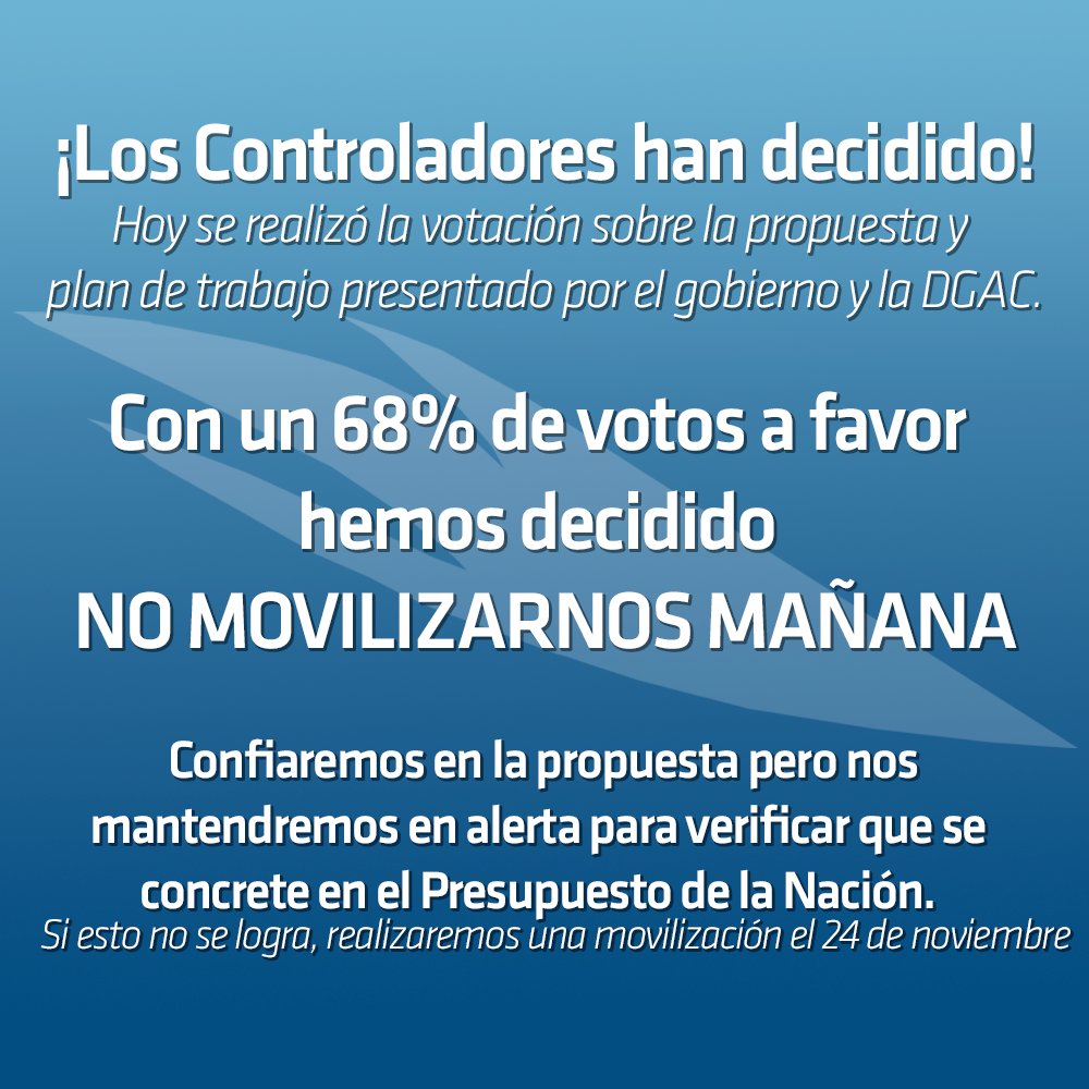 ColegioATCChile's tweet photo. Hemos decidido confiar en la propuesta y plan de trabajo ofrecido por @DGACChile y @GobiernodeChile
En esta ocasión hemos bajado la Movlizacion agendada para msñana Jueves 26 de octubre. Pero nos mantenemos en alerta para verifi ar que el plan sea llevado a cabo.
 #SeguridadAerea https://t.co/r1lC1FOtni