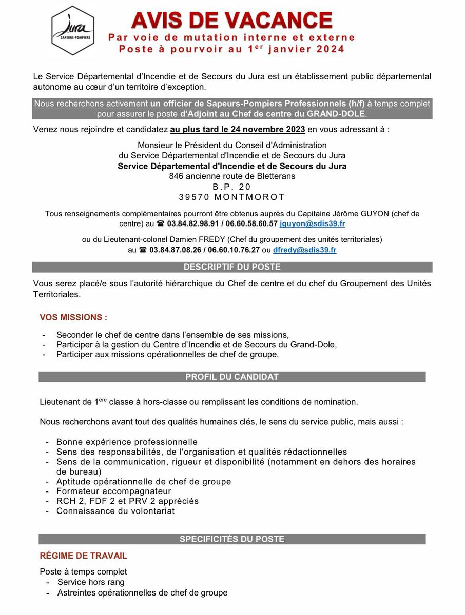 [Recrutement] Le SDIS du Jura recherche activement un officier de sapeurs-pompiers professionnels (h/f) pour assurer le poste d’Adjoint au Chef de Centre du Grand-Dole. 🗓️ Poste à pourvoir au 1er janvier 2024 ✅Retrouvez l’offre sur jurapompiers.fr