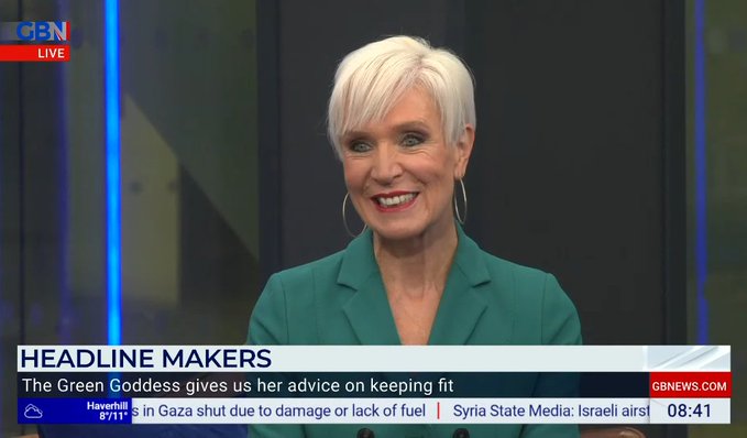 DawnNeesom's tweet photo. Tomorrow's @GBNEWS #Breakfast has a real challenge to beat today's utter joyfest. So much fun with the wonderful Diana Moran aka #TheGreenGoddess who is an astonishing 84. @elliecostelloTV @StephenGBNews @KevinASchofield @ChrisRogersNews 🥰🏋️♀️🤸♀️ #WednesdayMotivation (@MMyrick29 📸) #GBNews