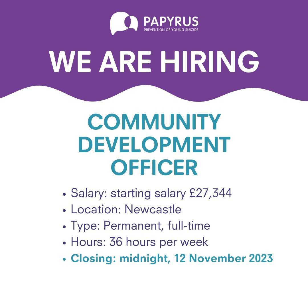 Do you have a passion for suicide prevention and want to join a team that helps to save young lives?

If yes, PAPYRUS currently has several opportunities for you. To view all our current vacancies and to apply, visit papyrus-uk.org/current-vacanc…  💜

#Hiring #WeArePAPYRUS
