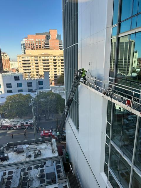 BCCRS's tweet photo. Tuesday, 10/24, Rescue Squad 741 in Bethesda with two window washers suspended several stories.  @mcfrs Technical Rescue Team devised a plan to breach the window and access workers to bring both workers to the ground safely.  #technicalrescue #mcfrs #roperescue #highanglerescue https://t.co/KrnMYGaO2D
