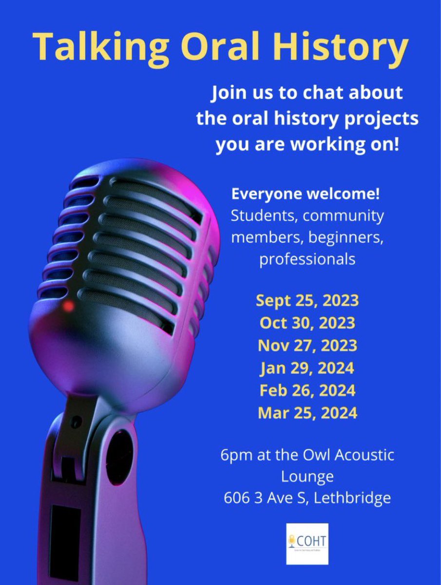Attn Lethbridge-based oral historians!! #oralhistory Join us on October 30th for our next “Talking Oral History” informal gathering to chat about projects you are working on. <a href="/oralhistory/">Oral History Association</a> <a href="/uLethbridge/">ULethbridge</a> Everyone is welcome!