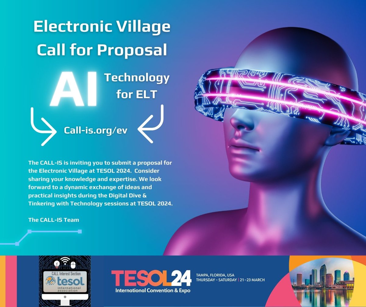 The CALL Interest Section at TESOL International Association is inviting you to submit a proposal for the Electronic Village at TESOL 2024. The call for proposals will be open between October 15th and December 15, 2023.  call-is.org/ev/

The CALL-IS Team