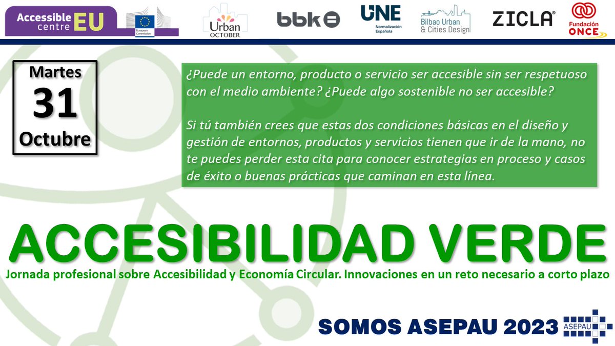 asepau's tweet photo. ACCESIBILIDAD Y MEDIO AMBIENTE
Si tú también crees que estas dos condiciones básicas tienen que ir de la mano, no te puedes perder esta cita para conocer estrategias en proceso, casos de éxito y buenas prácticas en esta línea.
https://t.co/c3zNxw1t5M https://t.co/gsLvPYwpzp