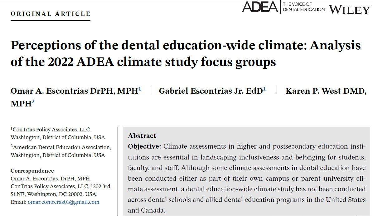 adeaweb's tweet image. The October Journal of Dental Education, where one of the open articles, "Perceptions of the dental education-wide climate: Analysis of the 2022 ADEA climate study focus groups" analyzes the 2022 ADEA Climate Survey. It is free for all to view!

onlinelibrary.wiley.com/doi/10.1002/jd…