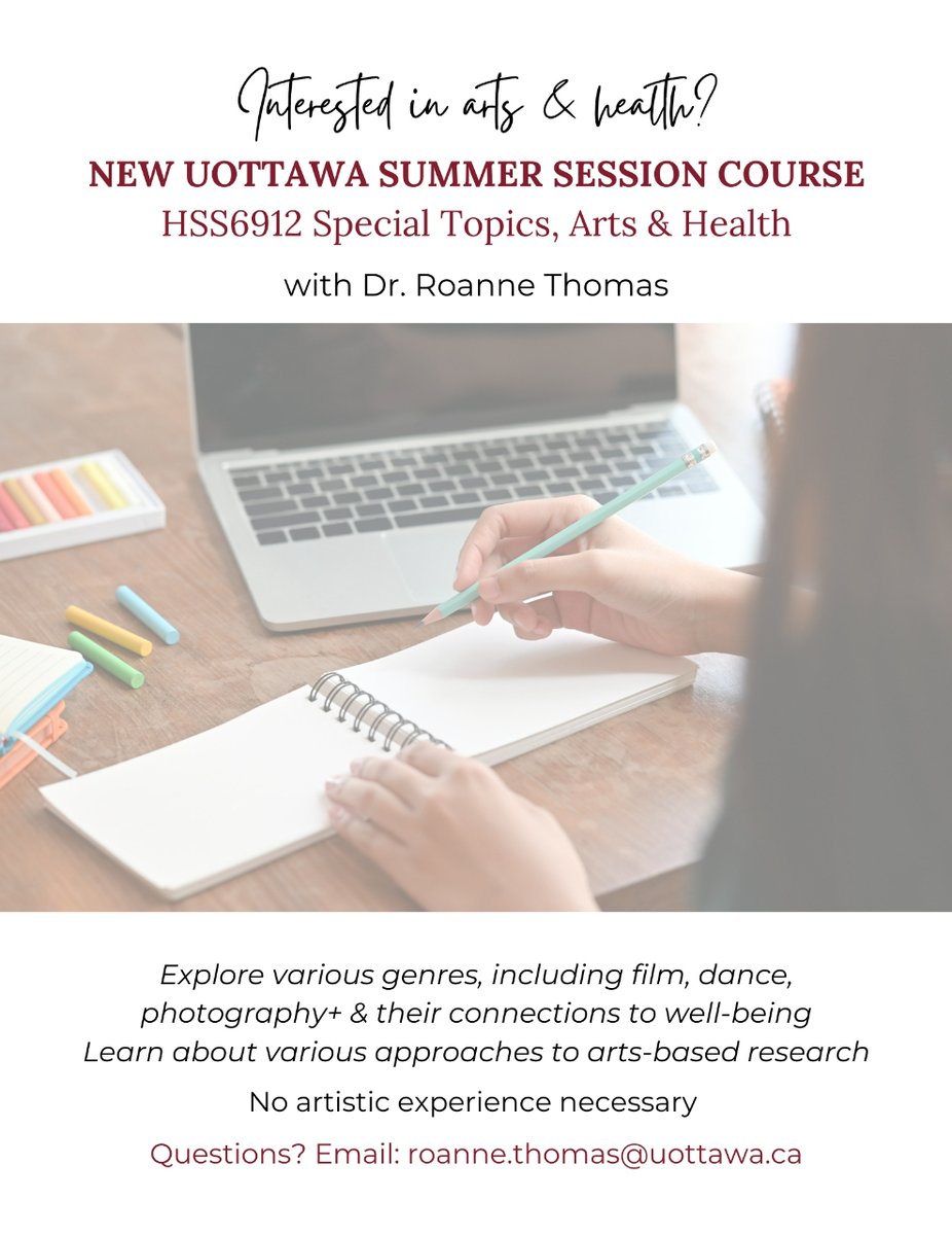 CraftCriticRes's tweet photo. A new opportunity to engage with arts and health!

@roanne_thomas will be teaching a new course for the spring-summer term, exploring film, visual arts, creative writing, and music and their contributions to health.

📧 roanne.thomas@uottawa.ca for more information https://t.co/4PyycQwGKm