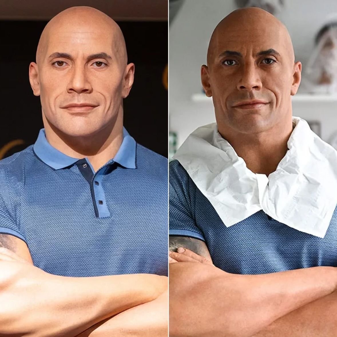 Dexerto's tweet photo. Dwayne Johnson’s wax figure at the Grévin museum in Paris has been fixed following backlash https://t.co/56uzlM9Yc4