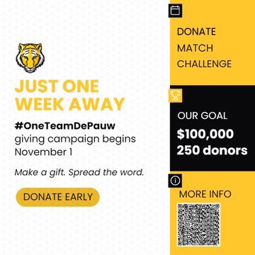 One week until the #OneTeamDePauw Giving Campaign! We are aiming to raise $5,000 for our Holiday Tournament in Nashville, TN this December! The campaign is Nov 1-11 but you can start donating now by clicking the link bit.ly/OneTeamDePauw