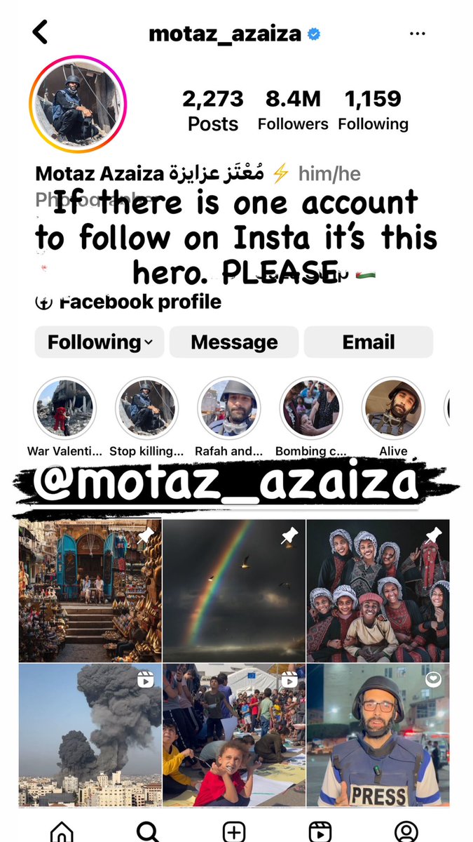 Nothing I can say to describe the hell that has been unleashing in Gaza for the last couple of weeks. I have pinned my tweet about the REAL HERO : MOTAZ AZAIZA up in my profile. No words can come close to the reality that this HERO is showing through his Instagram account .…