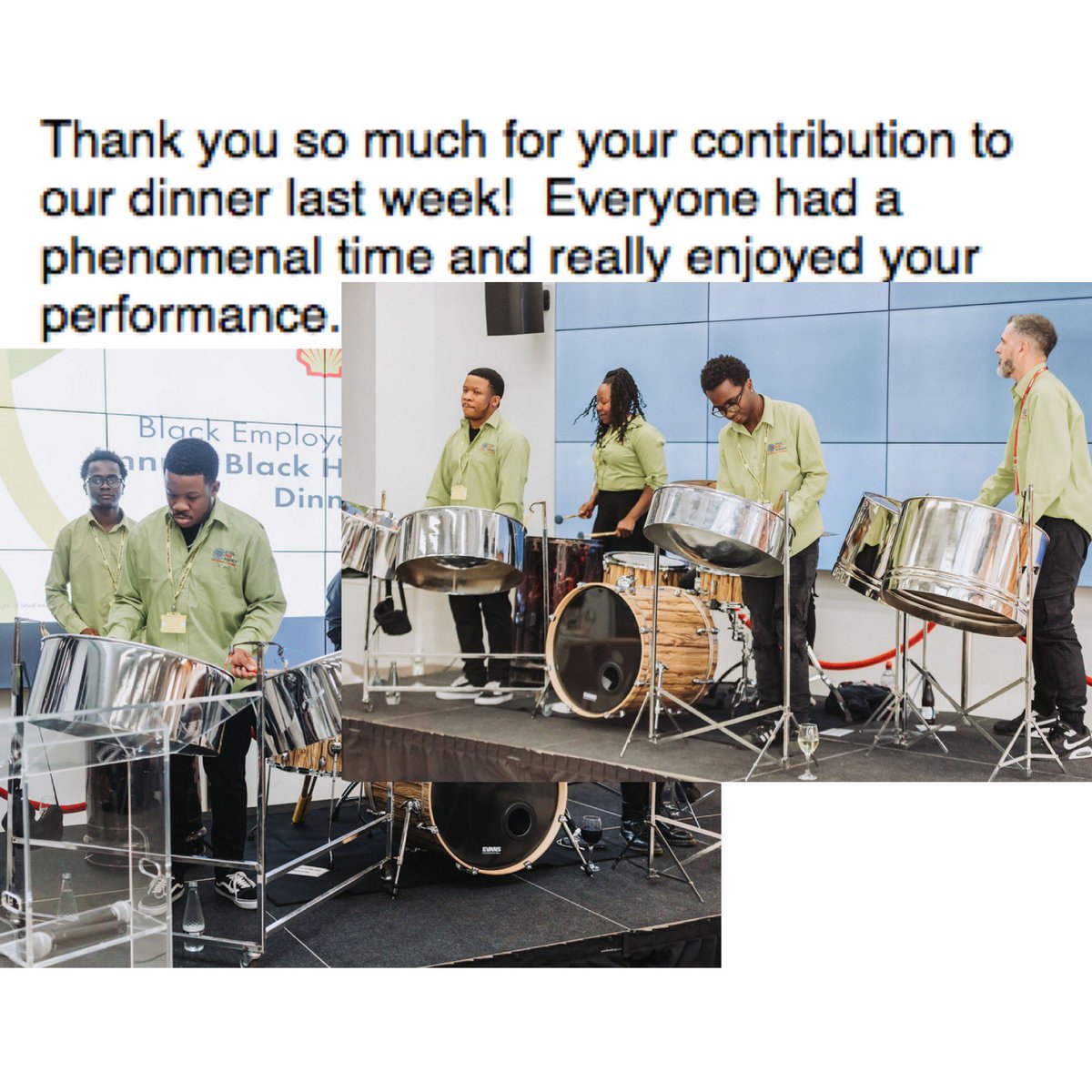 SteelPanTrust's tweet photo. It was truly an honor to perform for @Shell_UKLtd Black Employee Network Annual Black History Month Dinner. πΆπ #BlackHistoryMonth #ShellUK #Performance #Honored https://t.co/xG2dZmmGuX
