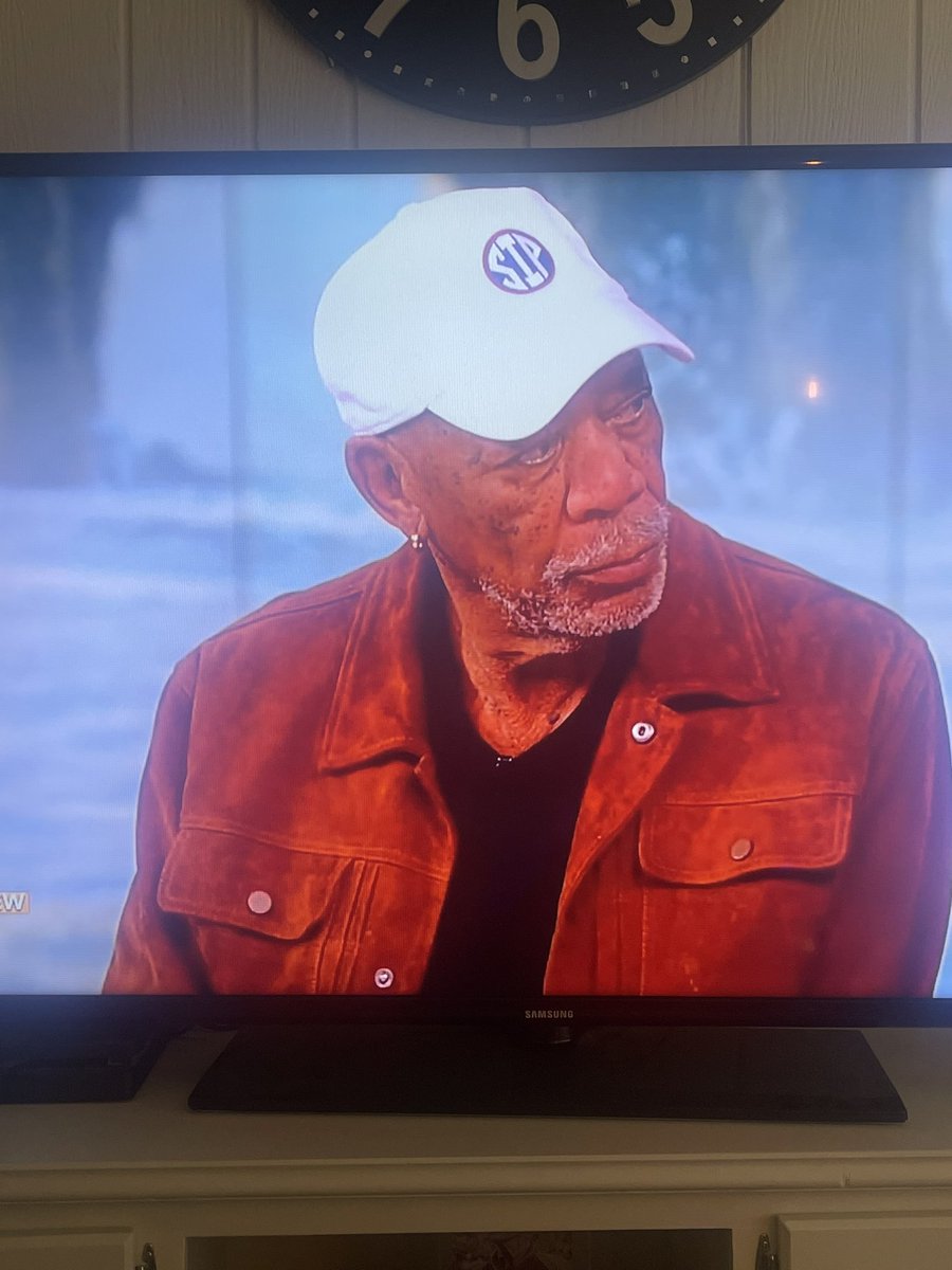 Lane_Kiffin's tweet photo. @morgan_freeman with a great hat selection this morning! @OleMissFB #ComeToTheSip https://t.co/nmPxiNTb3S