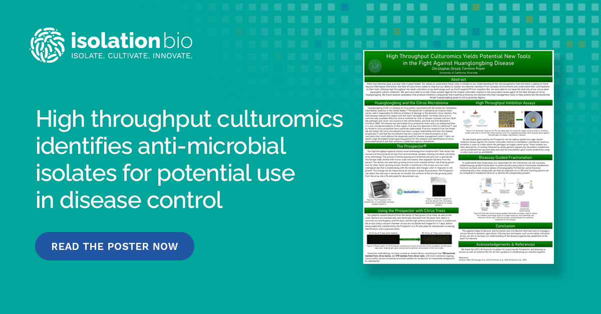 IsolationBio's tweet image. Go beyond metagenomics to reveal the roles of individual species in a microbiome. Learn about a high throughput culturomics study that used Prospector to isolate microbial species that may be useful for combating a serious citrus disease.
go.isolationbio.com/ag-animal-heal…

#culturomics