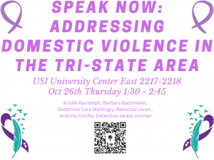“Speak Now: Addressing Domestic Violence in the Tri-state Area,” is a roundtable discussion, organized by USI students, at 1:30 p.m. Thursday, October 26 in UC East, 2217-18. Learn more here: calendar.usi.edu/event/3102-spe…