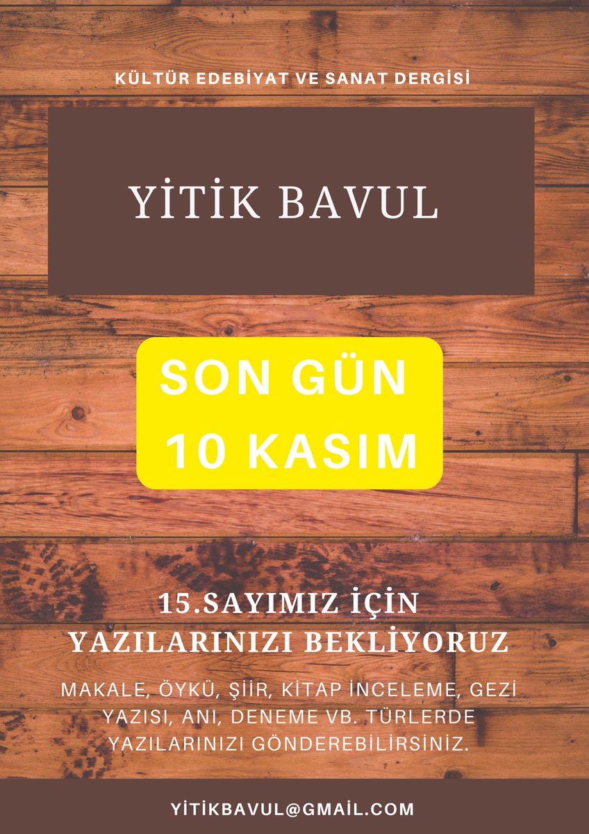 16. sayımız için eser alımlarına başladık. Siz de uygun içeriklerde yazılmış, üzerinde çalışılmış, yayım kurallarımıza uygun eserlerinizi yitikbavul@gmail.com adresine gönderebilirsiniz.
#eseralımı #yitikbavul #yazarlıkatölyesi #deneme #makale #anıyazısı #kitapinceleme #gezi