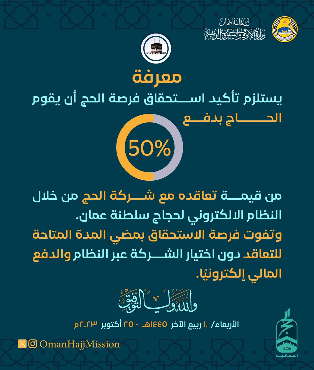 #معرفة

يستلزم تأكيد استحقاق فرصة الحج أن يقوم الحاج بدفع 50% من قيمة تعاقده مع شركة #الحج من خلال النظام الإلكتروني لحجاج سلطنة  #عُمان
وتفوت فرصة الاستحقاق بمضي المدة المتاحة للتعاقد دون اختيار الشركة عبر النظام والدفع المالي إلكترونيًا

#حج_1445هـ