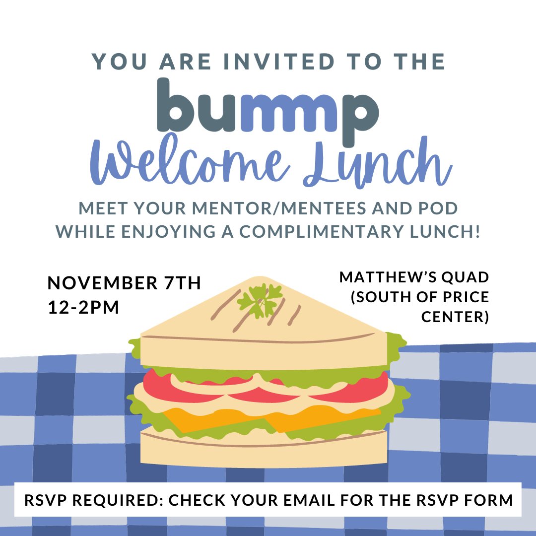 BUMMP's Welcome Lunch is Tuesday, November 7, from 12-2pm at Matthew's Quad! All registered BUMMP mentors and mentees are invited! This is an opportunity to meet your mentor/mentees, and others in your pod! Lunch will be provided. RSVP required-check your email for the RSVP form!