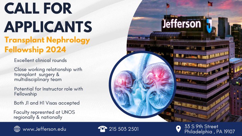 Jefferson Kidney (@jeffersonkidney) on Twitter photo Apply for transplant nephrology fellowship <a href="/JeffersonKidney/">Jefferson Kidney</a> if you are looking for-
✔️excellent state of art training
✔️option for instructor role
✔️no night calls
✔️supports all visas
✔️new multi specialty Honickman center
✔️lifestyle that Philadelphia gives
Details👇or DM. Apply for transplant nephrology fellowship <a href="/JeffersonKidney/">Jefferson Kidney</a> if you are looking for-
✔️excellent state of art training
✔️option for instructor role
✔️no night calls
✔️supports all visas
✔️new multi specialty Honickman center
✔️lifestyle that Philadelphia gives
Details👇or DM.