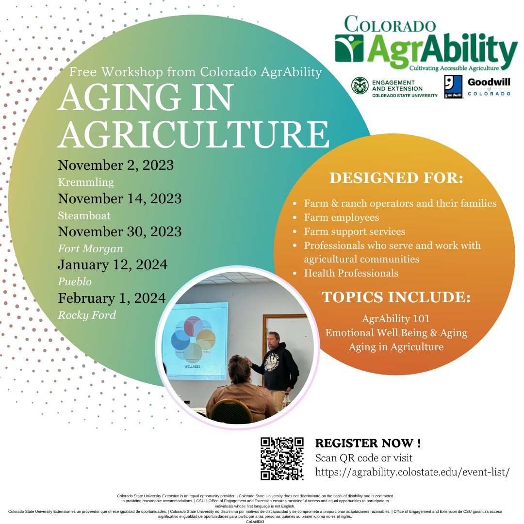 This winter, Colorado AgrAbility is offering a series of free, informational workshops across the state offering: safety, aging in agriculture, and how to get the most out of your mental engine with stress management techniques.
#nifaimpacts #agrabilityvsf