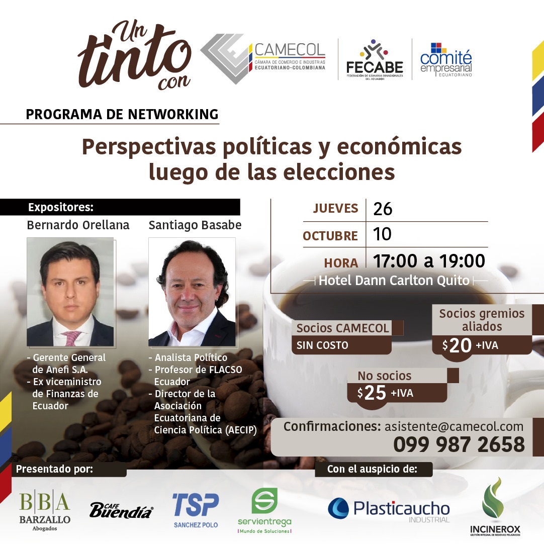 ¡Te invitamos a un evento especial que no querrás perderte! La Camecol se complace en presentar "Un Tinto con Camecol", un encuentro exclusivo de networking y diálogo sobre las perspectivas políticas y económicas después de las elecciones.

Registro 👉bit.ly/46H9ExI