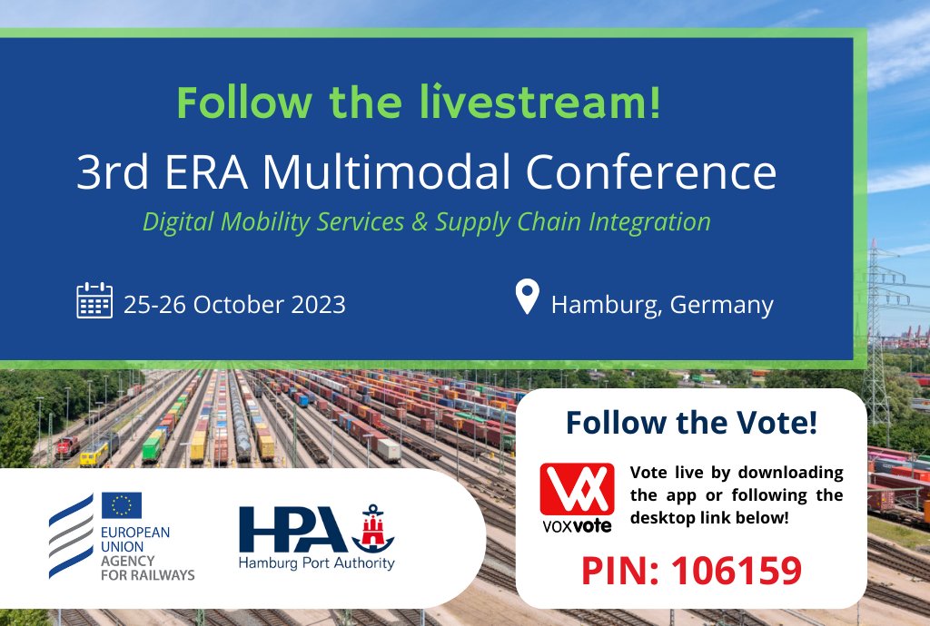 ERA_railways's tweet photo. Do not miss the opportunity to follow the 3rd ERA Multimodal Conference online! ๐
๐ ย https://t.co/MJaeTpqgyp
#Multimodal23 #railways
@PortofHamburg https://t.co/xJi0xa9Ifh