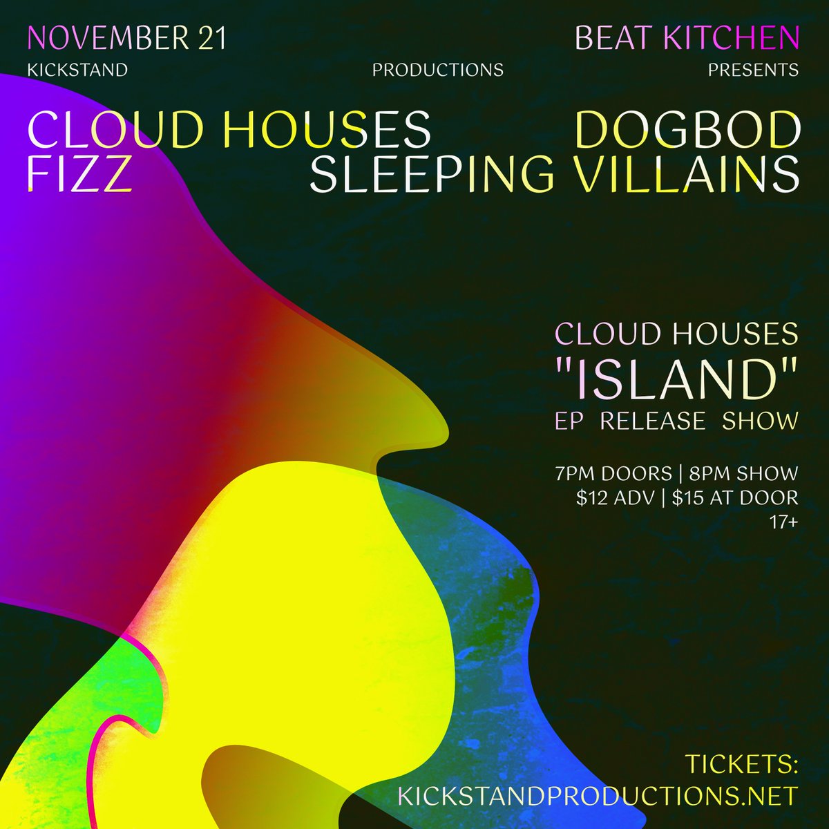 ☁️ JUST ANNOUNCED ☁️

Cloud Houses at Beat Kitchen (<a href="/beatkitchenbar/">Beat Kitchen</a>) with Fizz, DogBod (<a href="/dogbodband/">DogBod</a>) &amp; Sleeping Villains (<a href="/SleepVillains/">Sleeping Villains, from Chicago 🍕</a>) on Tues., November 21!

🎟 Tickets on sale NOW >> bit.ly/3QcMPLr