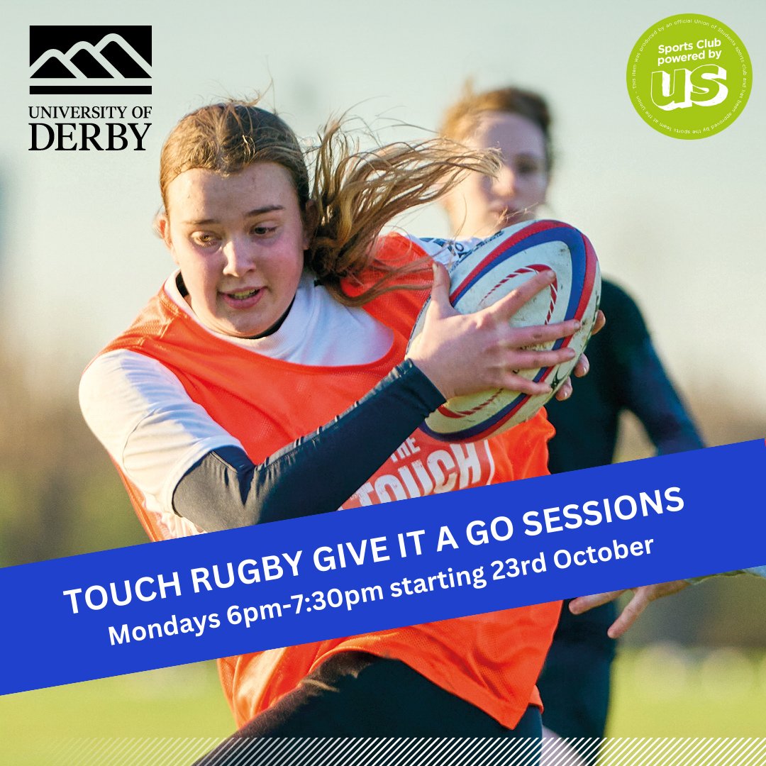 TOUCH RUGBY 6-week programme 🏉 When: Mondays Time: 6pm-7:30pm Location: Lower 3G Pitch, Kedleston Road Campus Simply turn up! Find out more and get involved ➡️ow.ly/NIj350PYXk6 @derbyunistudent @derbyunion
