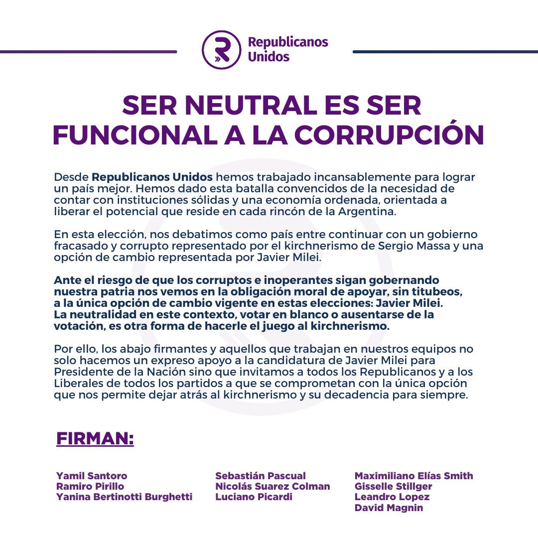 La neutralidad en estas elecciones, votar en blanco, sugerir "libertad de acción" y ausentarse en las elecciones; son formas de jugar a favor del kirchnerismo. 
No es tiempo para ser tibios. Por eso en <a href="/rep_unidosAR/">Republicanos Unidos</a> varios decidimos hacer explícito nuestro apoyo a <a href="/JMilei/">Javier Milei</a>