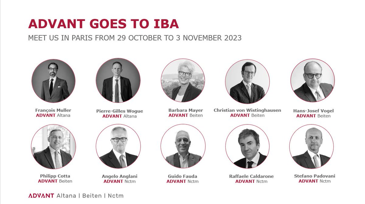 A team from across ADVANT will be participating in this year’s @IBAevents Annual Conference 2023.

Please do reach out to our team if you would like to connect during the conference – we would love to say hello.

#ADVANT #europeanadvantage #IBAParis #IBA2023 #lawconference