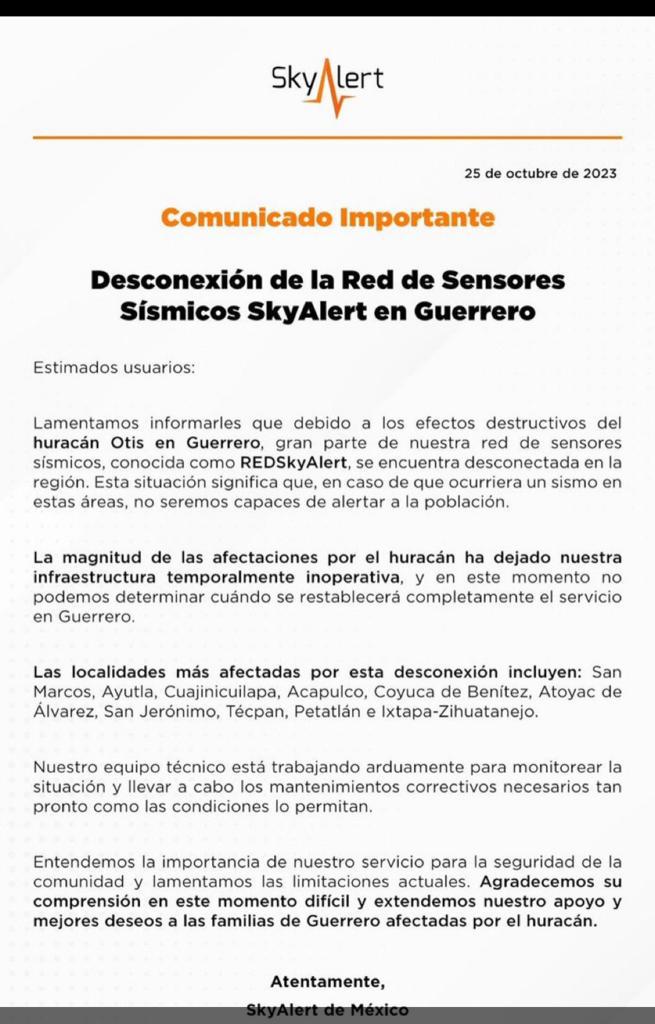 889Noticias's tweet photo. #IMPORTANE

Sky Alert informa que su sistema de detección sísmica en Guerrero quedó temporalmente inoperativa tras el impacto del huracán “Otis”.

En caso de sismo en el área no se podrá alertar a la población.

Mantente informado (a) en https://t.co/Ra23567flu

#DFT https://t.co/UFcPDUCD8O