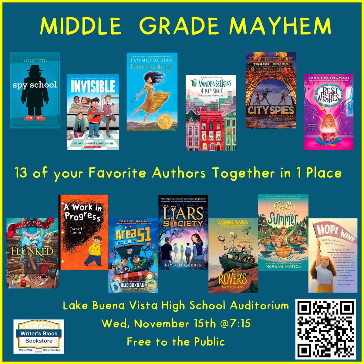 13 of your favorite authors all in 1 place! Don't miss the Middle Grade Mayhem author event on Wednesday, 11/15 from 7:15-8:45 pm at Lake Buena Vista High School! This event is FREE! Check out shorturl.at/guzT4 for more info #OCPSreads