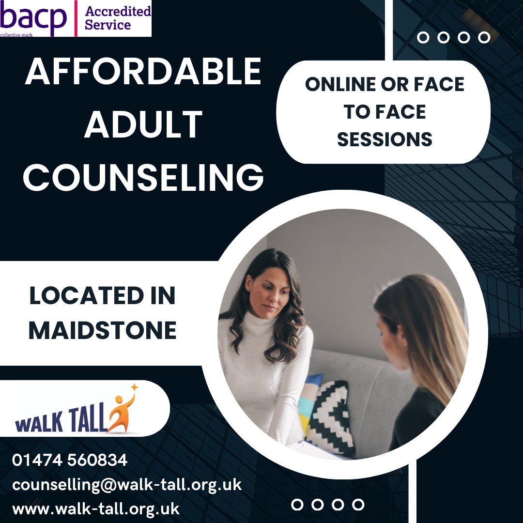 Affordable accredited counselling service located in Maidstone. We are here to help you! Call or email for more information.
#counselling #mentalhealth #mentalhealthmatters #mentalhealthmatterstoo #affordable #online #facetoface #maidstone #dartford #gravesend #medway #walktall