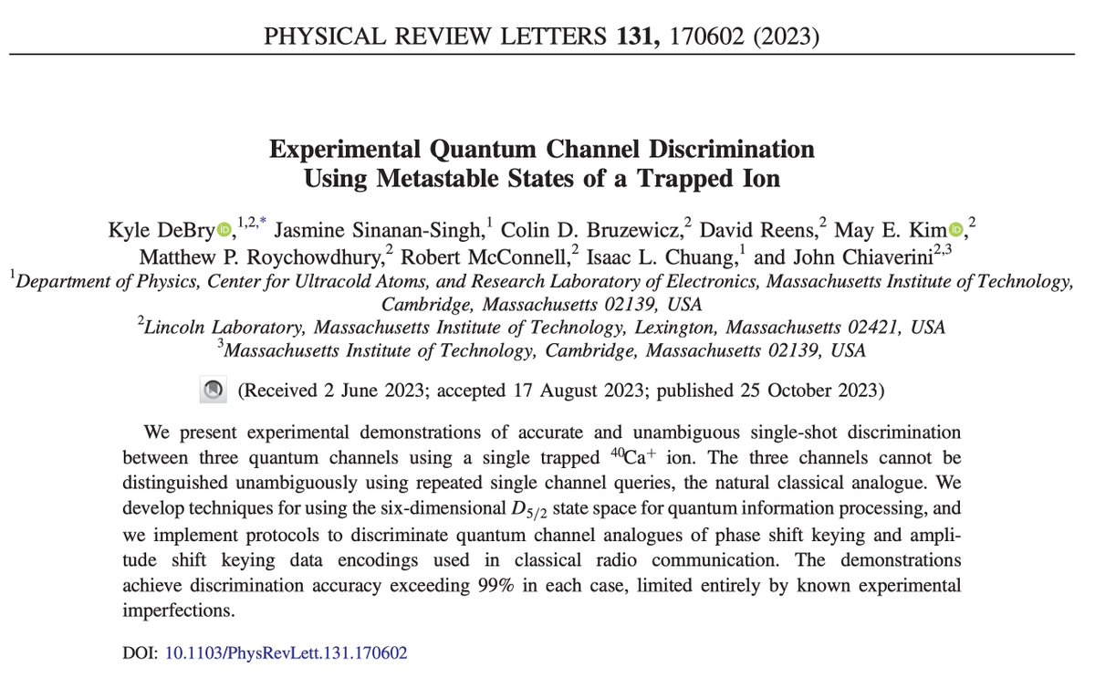 Check out our new publication exploring quantum information processing applications within the metastable manifolds of 40Ca+ ions (<a href="/kyledebry/">Kyle DeBry</a> et al.) in <a href="/PhysRevLett/">Physical Review Letters</a>: journals.aps.org/prl/pdf/10.110…