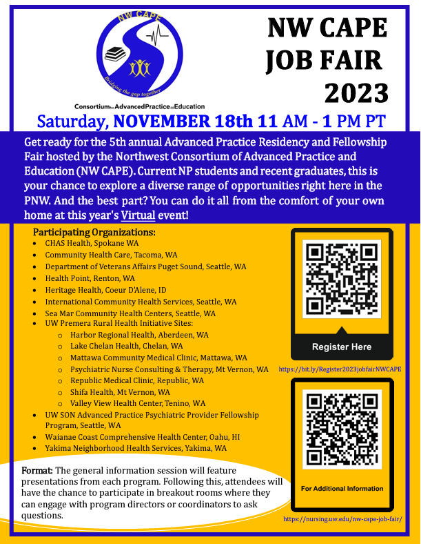 APPPostGrad's tweet photo. Join NW CAPE for their 5th Annual Advanced Practice Residency and Fellowship Fair on Saturday, November 18th from 11:00am - 1:00pm PT.
To learn more information and register for the Job Fair, please scan the QR Codes below.
#APP #PostGraduateResidency #WashingtonState #NWCAPE https://t.co/BeQxc4QwWH