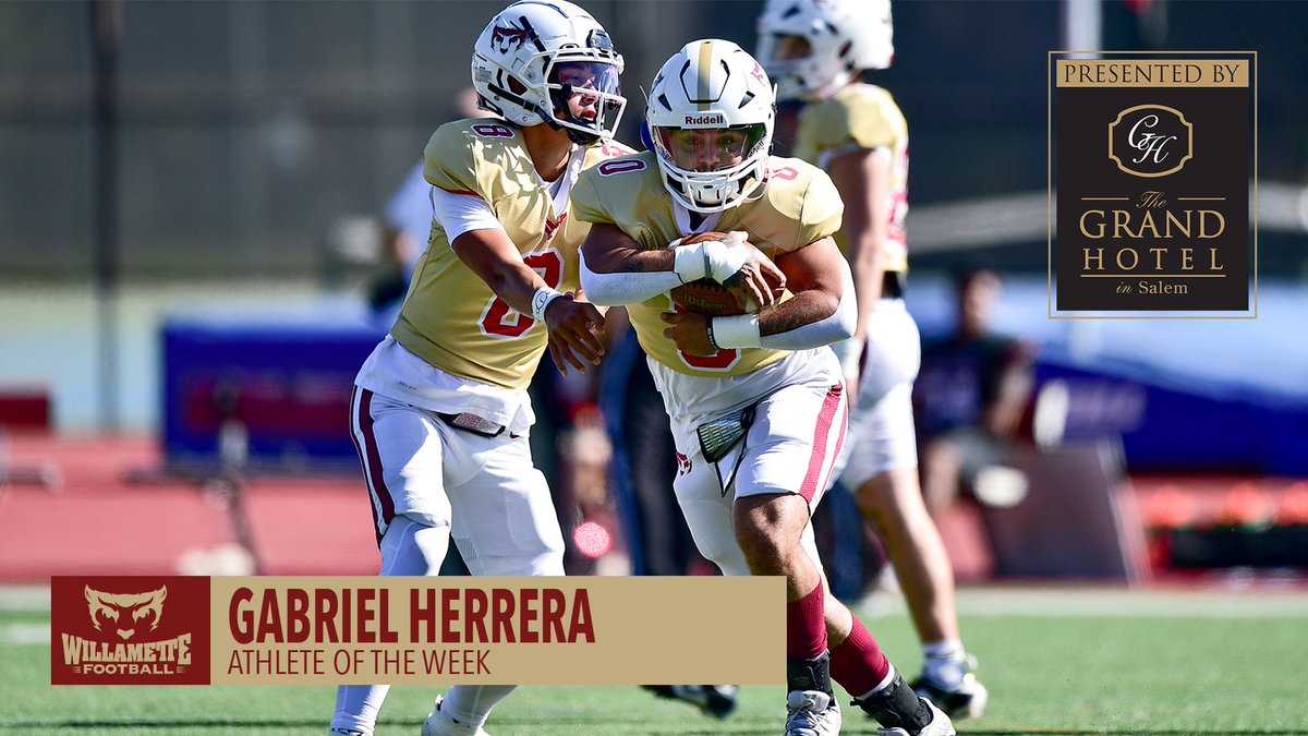 📢 Bearcat Athlete of the Week brought to you by
<a href="/GrandHotelSalem/">Grand Hotel Salem</a> 

Gabriel Herrera (<a href="/willamettefb/">Willamette Football</a>) carried the ball 13 times for 110 yards (8.5 avg.) and scored on a 56-yard touchdown against George Fox. He now has 507 rushing yards on the season