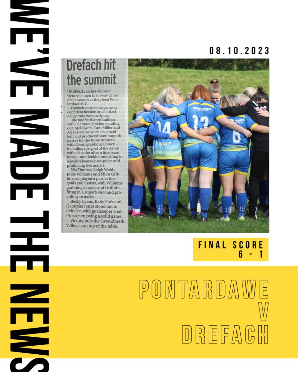 CPDDrefachWomen's tweet photo. 𝗪𝗘’𝗩𝗘 𝗛𝗜𝗧 𝗧𝗛𝗘 𝗡𝗘𝗪𝗦 📰 🗞️ 

A great couple of weeks for our ladies, where they’ve been hitting the headlines on the Carmarthen Journal! 

Shoutout to Carl for the write ups &amp; Joel for being our personal photographer ✍️ 📸 

🟡🔵 | #WeAreDrefach

@westwaleswgl https://t.co/fUTitjV1ff