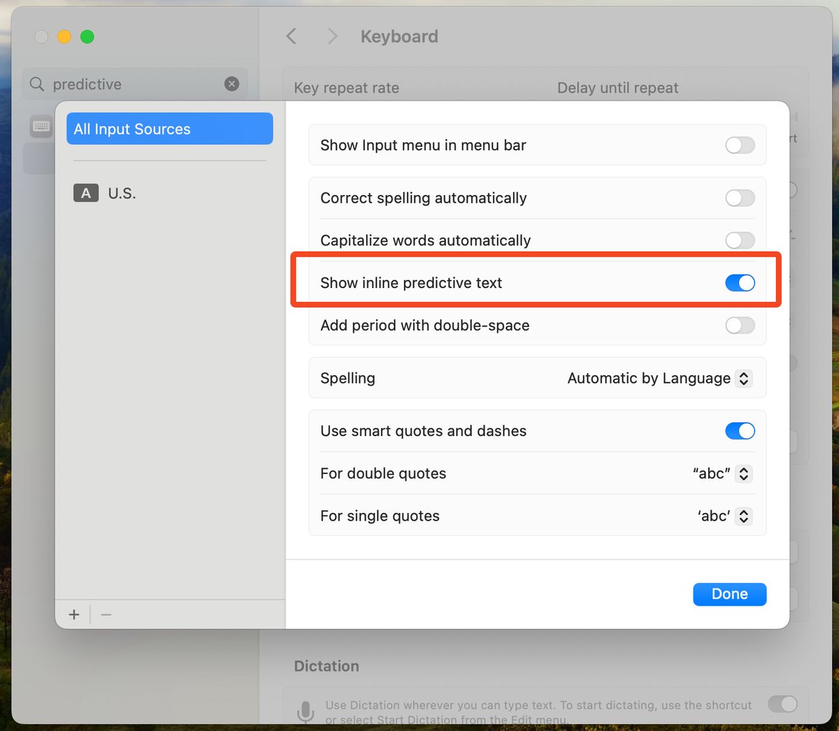 qapps's tweet image. Predictive text in macOS Sonoma can cause crashes in Highland 2. 

We’re submitting a fix, but in the meantime you can switch off predictive text in System Settings &amp;gt; Keyboard &amp;gt; Text Input : Input Sources [Edit…] &amp;gt; Show inline predictive text.