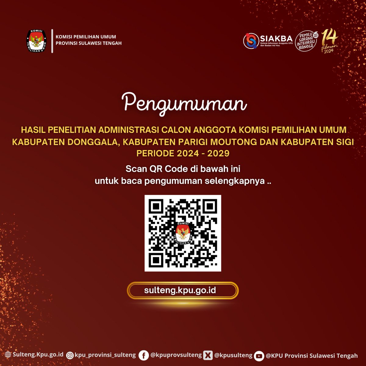 KpuSulteng's tweet photo. #TemanPemilih, Berikut Hasil Penelitian Administrasi Bakal Calon Anggota KPU Kabupaten Donggala, Kabupaten Parigi Moutong dan Kabupaten Sigi periode 2024 - 2029.

Silahkan dicek ya ...

#KPUMelayani
#PemilSerantak2024 https://t.co/PitsoVTUE6