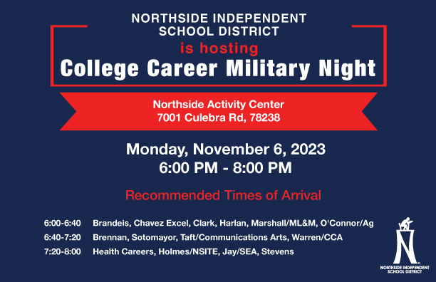 NISD's tweet photo. 📣 SAVE THE DATE: The annual Northside ISD College, Career, and Military Night is just around the corner! Mark your calendars for Monday, November 6th, from 6-8 p.m. This event is set to draw over 100 institutions of higher education from across Texas and the nation! https://t.co/xmM4OJdIOc