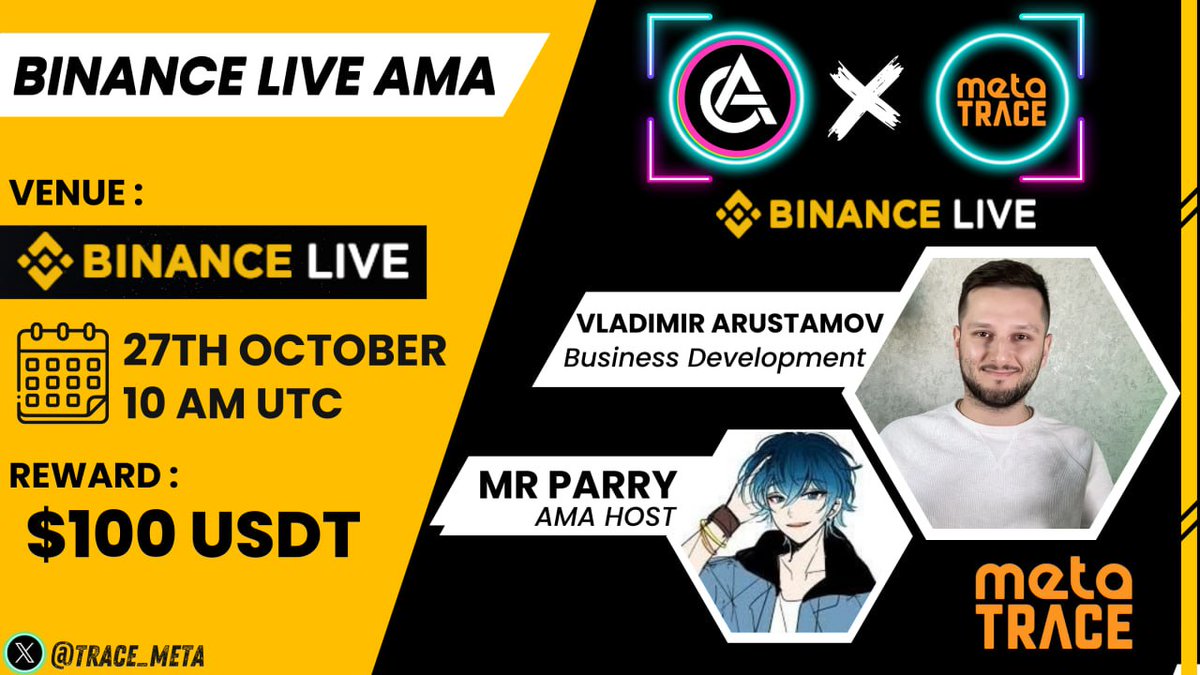 🎙 Dive into the MetaTrace x Crypto Attack DAO Binance #AMA! 🎙 📅 Date: October 27, 2023 🕚 Time: 10 AM UTC 💰 $100 rewards for the 10 Best Questions! 🎮 Follow @trace_meta & @CryptoAttackDao 🎮 Rules: t.me/CryptoAttackDa… 🗣️ Comment your questions [Max 3] 👥 Tag 3…