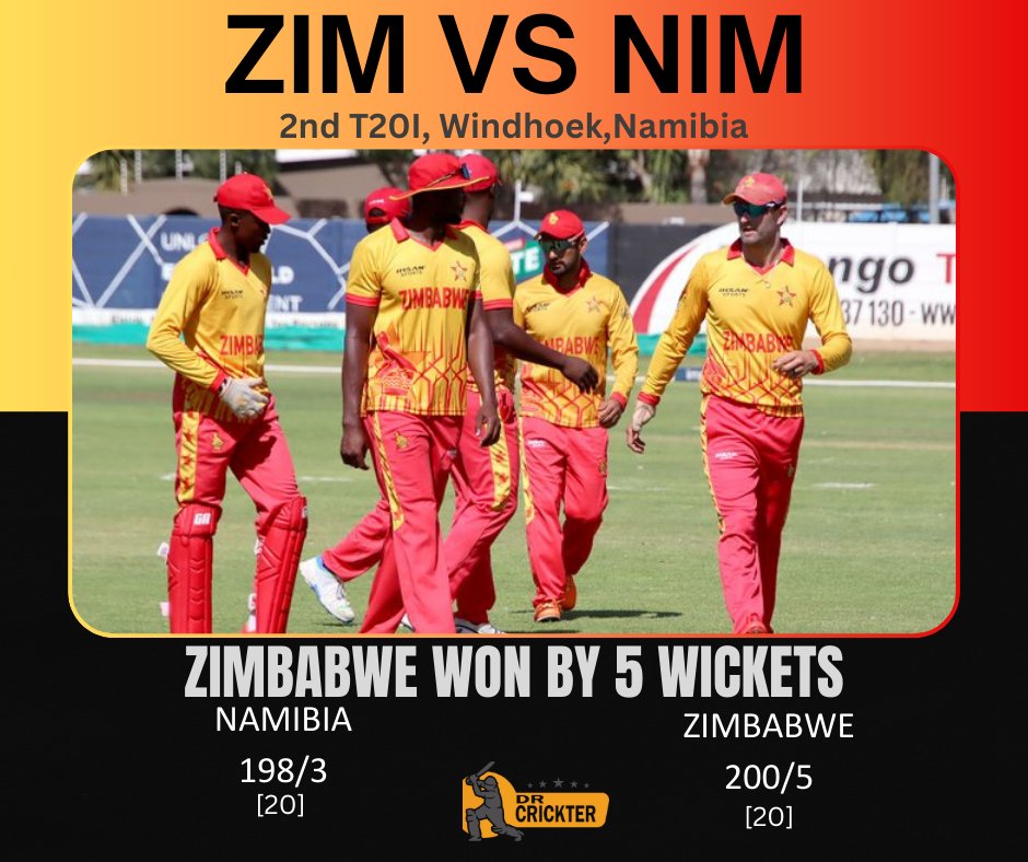 Zimbabwe chase down the target of 199 and win the second T20I by 5 wickets against Namibia🔥🔥
#ZIMvsNIM #Zimbabwe #ZimbabweCricket #SikandarRaza