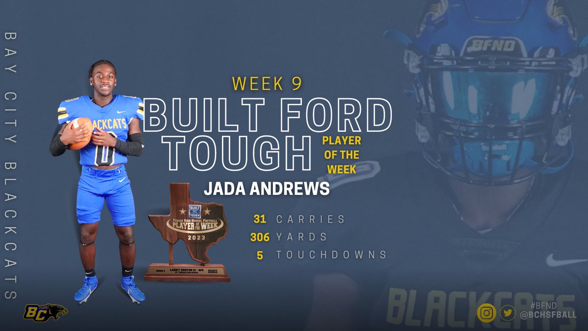 BCHSFBall's tweet image. Congratulations to our RB @JadaAndrews_0 for being the Week 9 4A Built Ford Tough Player of the Week! @CoachRJones_ @dctf  #BFND #BuiltFordTough #TexasHighSchoolFootball