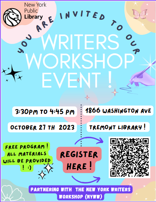 Tremont_Library's tweet photo. Hi ! Just wanted to extend this invitation to everyone on here ! Our writers workshop is this Friday and we would love to have you ! ✨✨✨✨ https://t.co/147zoAO90C