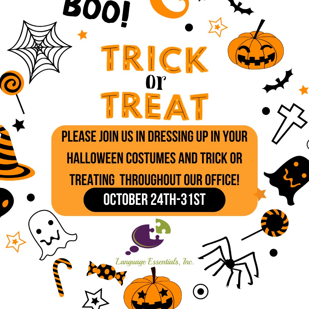 Speech_LE's tweet image. Don&apos;t forget to join us in your Halloween costumes to Trick or Treat through our office from now until Halloween! #LE #languageessentials #SLP #OT #speechies #speechtherapy #happyhalloween #trickortreat