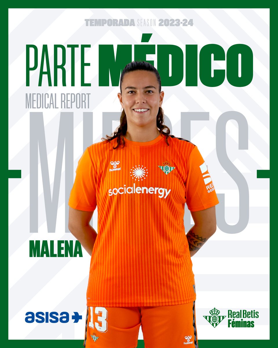 RealBetisFem's tweet photo. 🚑 PARTE MÉDICO | Malena sufre una lesión muscular en su muslo derecho 😔

¡Te esperamos pronto de vuelta, @malena_mieres! 💪🏼💚

➡️ https://t.co/7t7SSyoZC0

#BetisFéminas #LigaF https://t.co/g2WQ5gTuuT