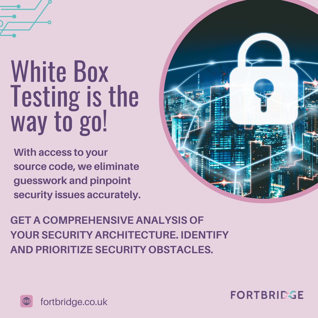 FORTBRIDGE's tweet image. Unlock the Power of White Box Testing with FortBridge! 🛡️👨‍💻 Get a comprehensive analysis of your security architecture and pinpoint security issues accurately. 🔍🔒 Say goodbye to guesswork! 🚫🎯 #WhiteBoxTesting #SecurityAnalysis #FortBridge #CyberSecurity #SecureCode…